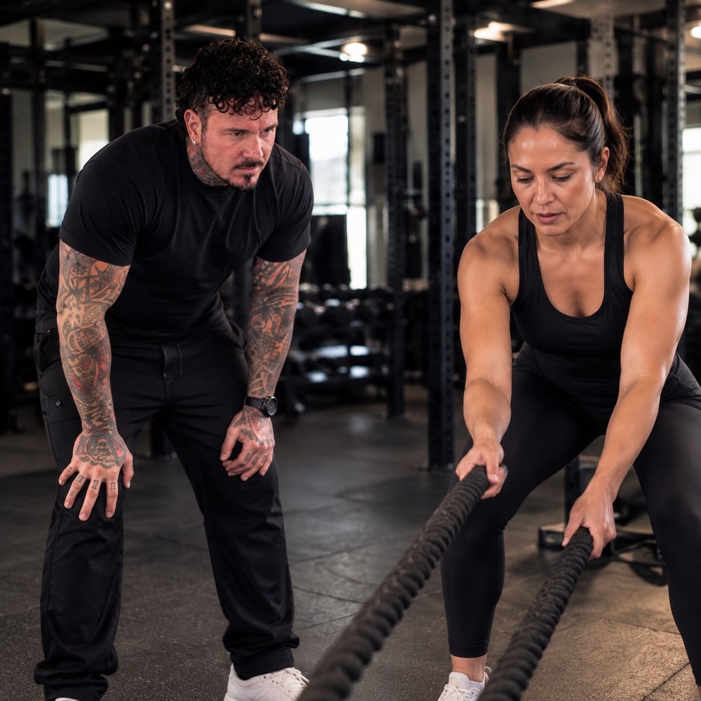 Dave coaching a woman using battle ropes