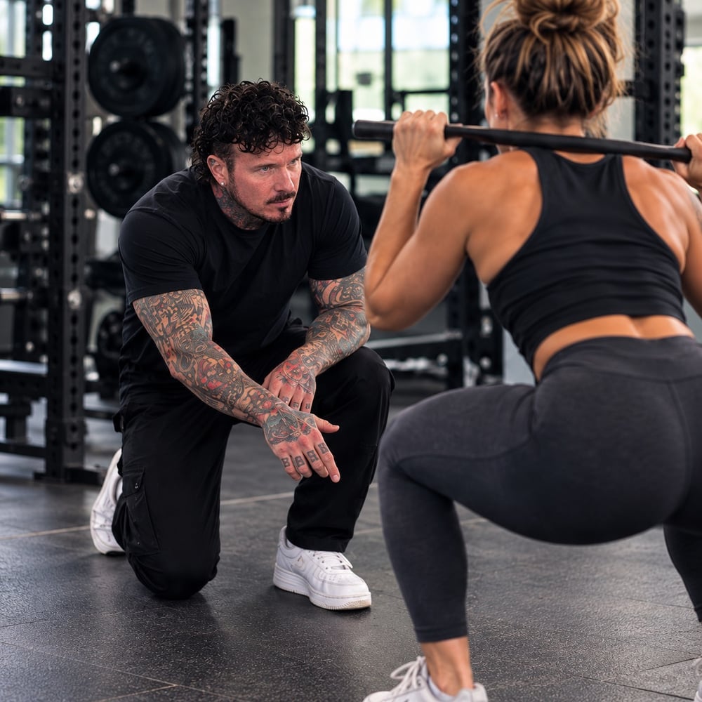 Dave coaching a woman through a barbell squat